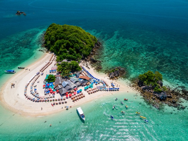 Koh Khai island Aerial drone view beautiful coral reefs and white sand beach, Phuket, Thailand